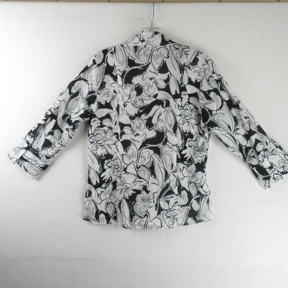 Harve Bernard Black and White Linen Blouse Size L Abstract Floral - Picture 2 of 16